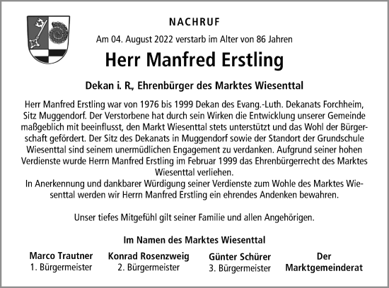 Traueranzeige von Manfred Erstling von Nordbayerische Nachrichten Forchheim Lokal