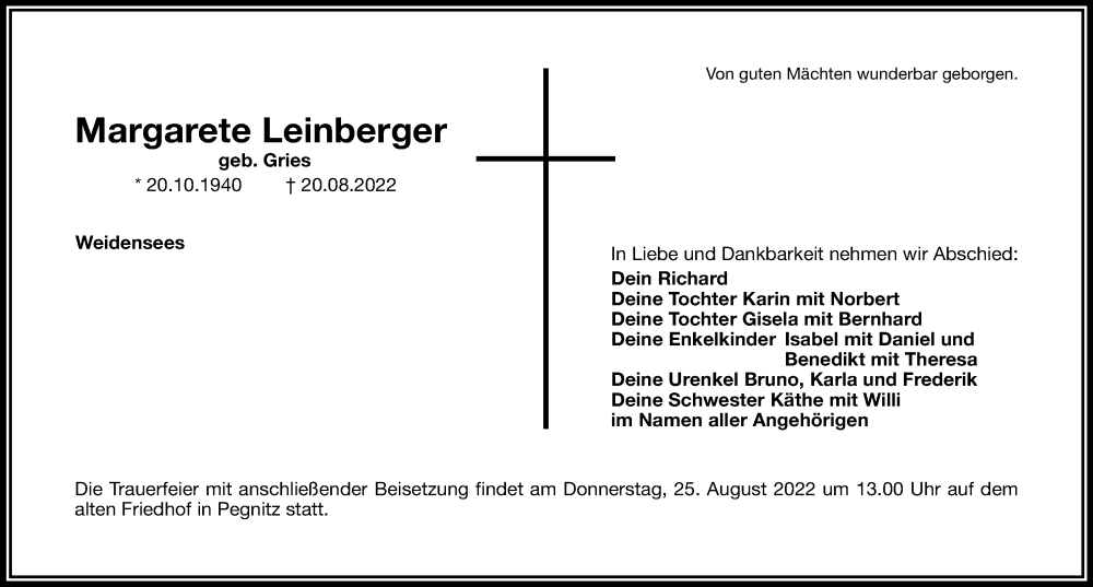  Traueranzeige für Margarete Leinberger vom 24.08.2022 aus Nordbayerische Nachrichten Pegnitz Lokal