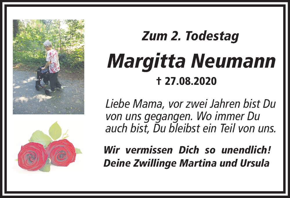  Traueranzeige für Margitta Neumann vom 27.08.2022 aus Gesamtausgabe Nürnberger Nachrichten/ Nürnberger Ztg.