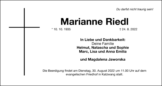 Traueranzeige von Marianne Riedl von Gesamtausgabe Nürnberger Nachrichten/ Nürnberger Ztg.