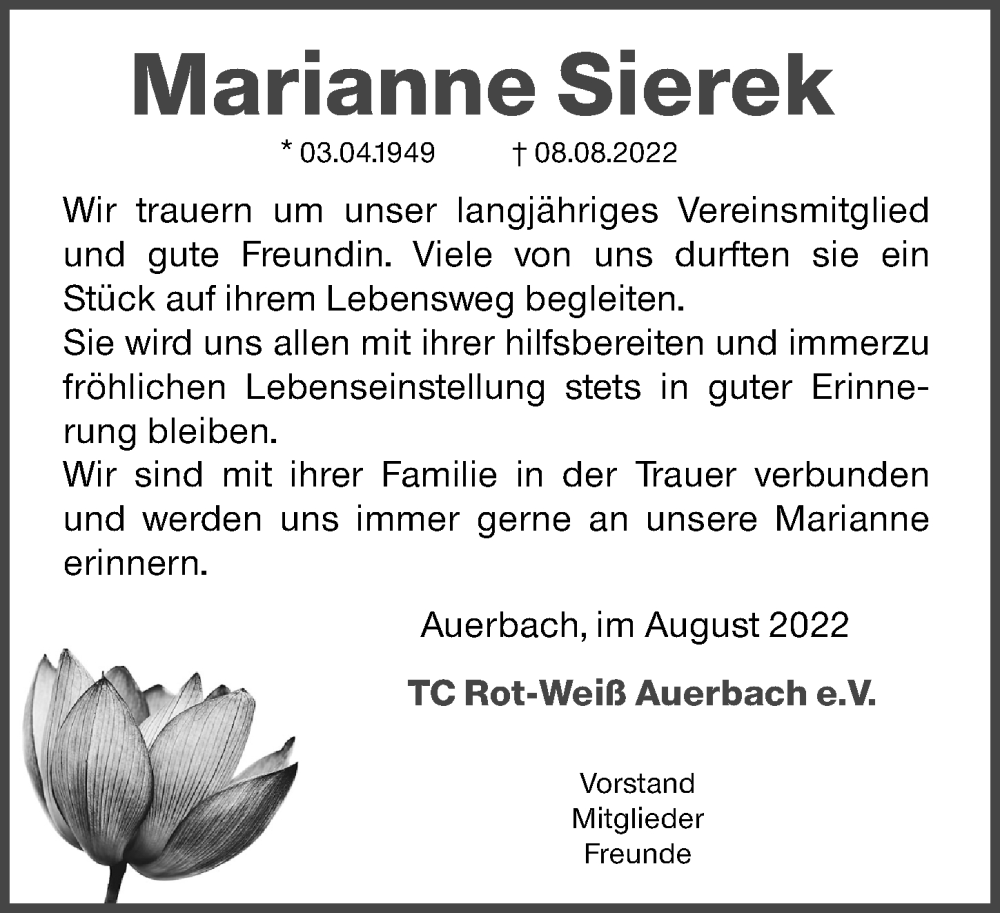  Traueranzeige für Marianne Sierek vom 16.08.2022 aus Nordbayerische Nachrichten Pegnitz Lokal