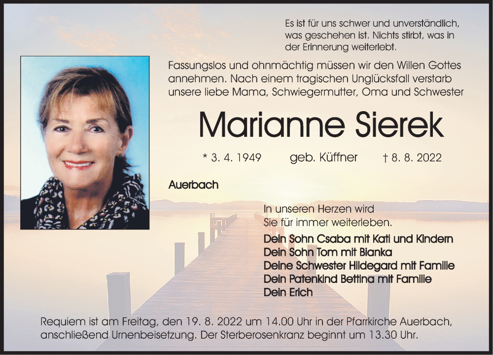  Traueranzeige für Marianne Sierek vom 15.08.2022 aus Nordbayerische Nachrichten Pegnitz Lokal