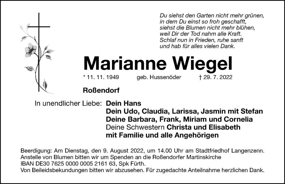 Traueranzeigen von Marianne Wiegel | trauer.nn.de