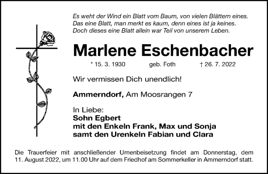 Traueranzeige von Marlene Eschenbacher von Fürther Nachrichten Lokal