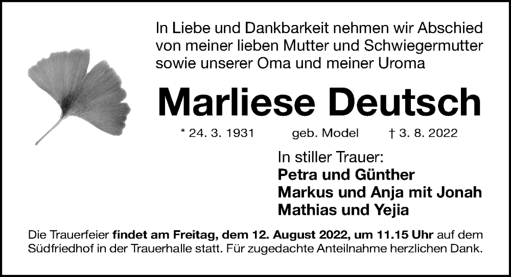  Traueranzeige für Marliese Deutsch vom 10.08.2022 aus Gesamtausgabe Nürnberger Nachrichten/ Nürnberger Ztg.