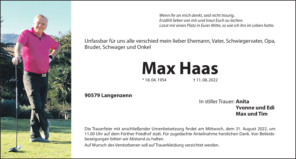  Traueranzeige für Max Haas vom 27.08.2022 aus Fürther Nachrichten Lokal