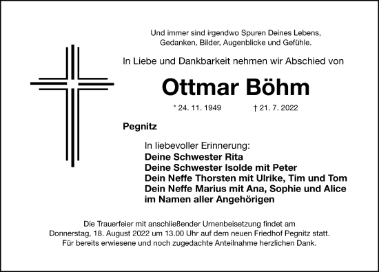 Traueranzeige von Ottmar Böhm von Nordbayerische Nachrichten Pegnitz Lokal