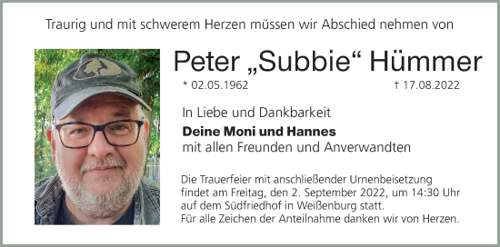 Traueranzeige von Peter Hümmer von Gesamtausgabe Nürnberger Nachrichten/ Nürnberger Ztg.