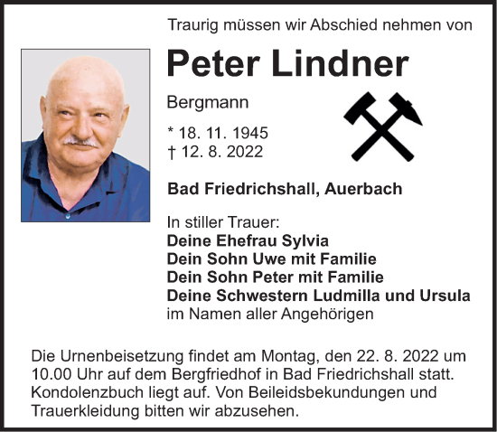 Traueranzeige von Peter Lindner von Nordbayerische Nachrichten Pegnitz Lokal