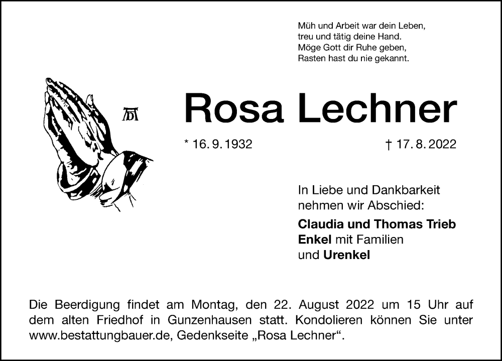  Traueranzeige für Rosa Lechner vom 20.08.2022 aus Altmühl-Bote Lokal
