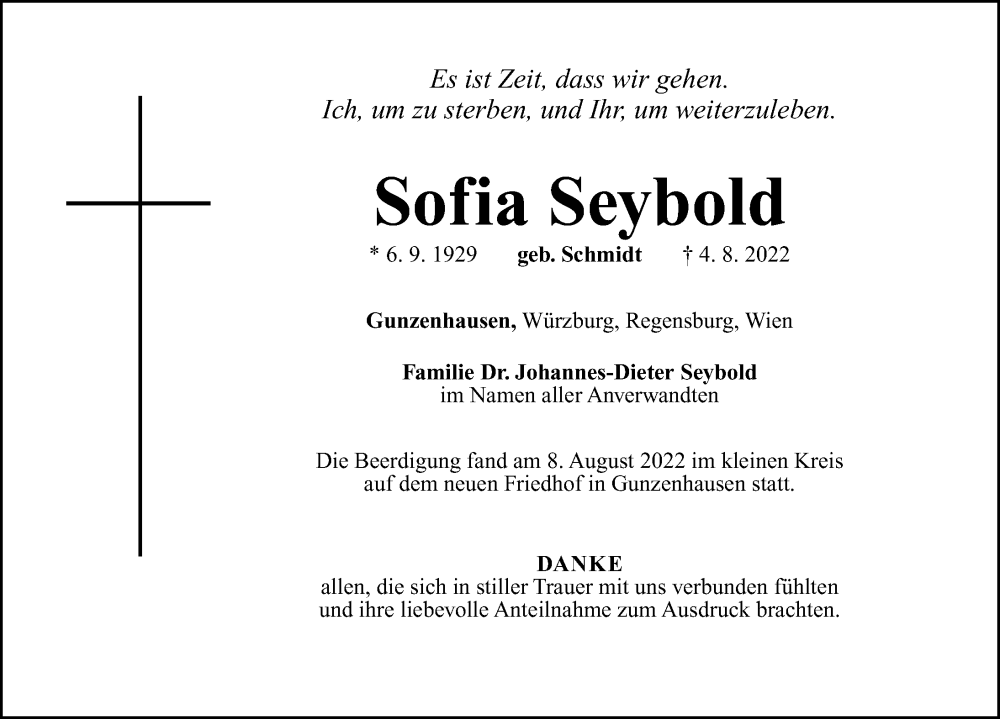  Traueranzeige für Sofia Seybold vom 27.08.2022 aus Altmühl-Bote Lokal