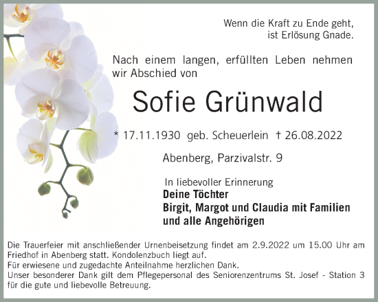 Traueranzeige von Sofie Grünwald von Schwabacher Tagblatt Lokal