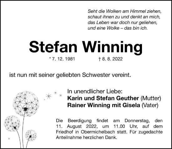 Traueranzeige von Stefan Winning von Gesamtausgabe Nürnberger Nachrichten/ Nürnberger Ztg.