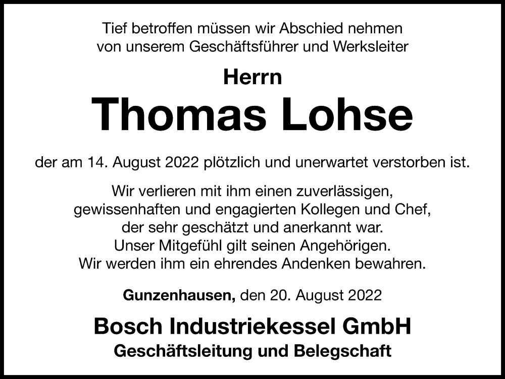  Traueranzeige für Thomas Lohse vom 20.08.2022 aus Altmühl-Bote Lokal