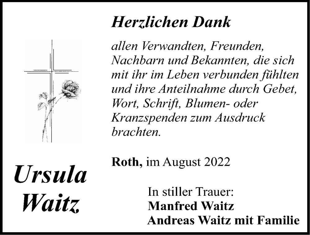  Traueranzeige für Ursula Waitz vom 20.08.2022 aus Roth-Hilpoltsteiner Volkszeitung Lokal