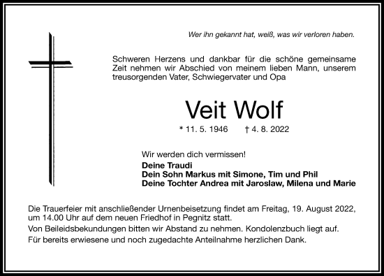 Traueranzeige von Veit Wolf von Nordbayerische Nachrichten Pegnitz Lokal