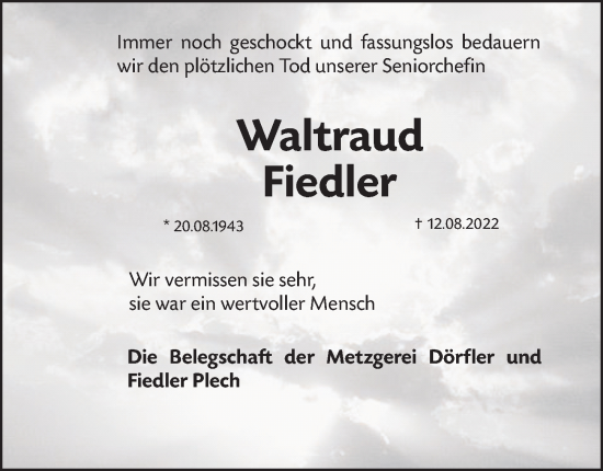 Traueranzeige von Waltraud Fiedler von Nordbayerische Nachrichten Pegnitz Lokal