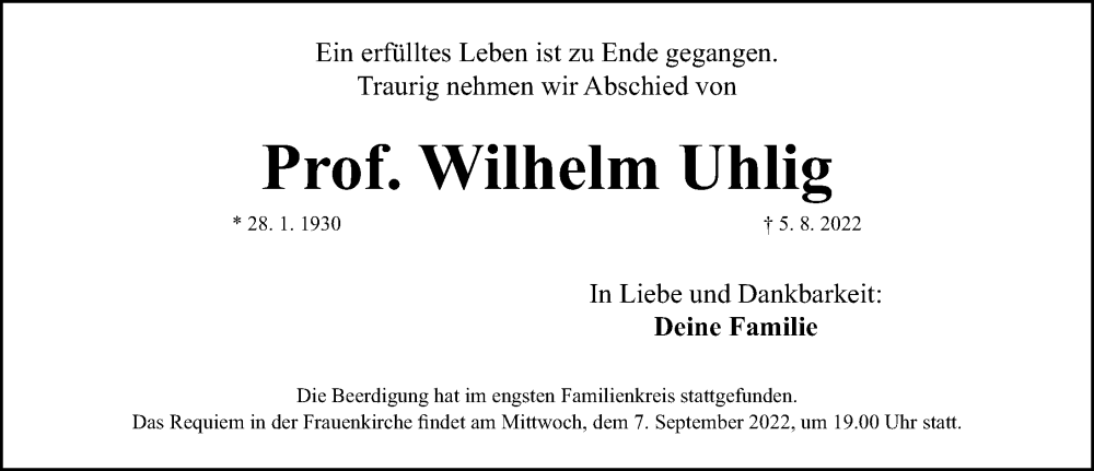  Traueranzeige für Wilhelm Uhlig vom 17.08.2022 aus Gesamtausgabe Nürnberger Nachrichten/ Nürnberger Ztg.