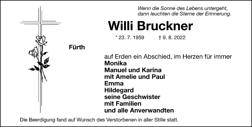  Traueranzeige für Willi Bruckner vom 17.08.2022 aus Fürther Nachrichten Lokal