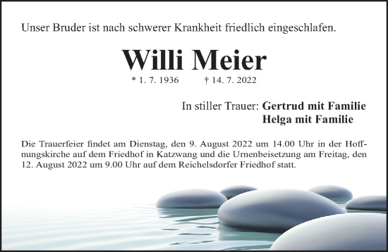 Traueranzeige von Willi Meier von Gesamtausgabe Nürnberger Nachrichten/ Nürnberger Ztg.