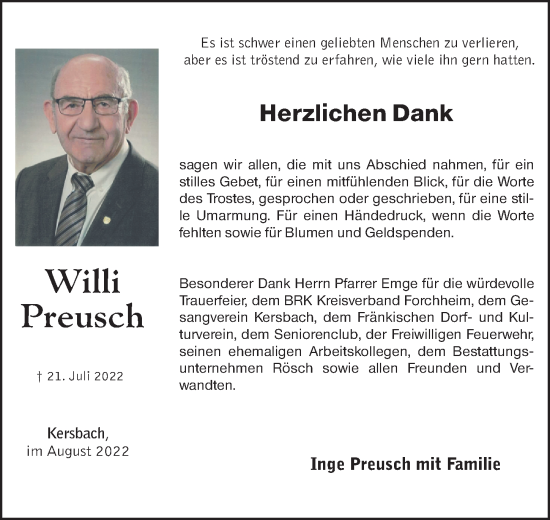 Traueranzeige von Willi Preusch von Nordbayerische Nachrichten Forchheim Lokal
