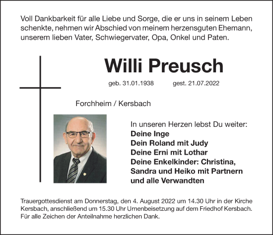 Traueranzeige von Willi Preusch von Nordbayerische Nachrichten Forchheim Lokal