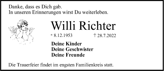 Traueranzeige von Willi Richter von Erlanger Nachrichten Lokal