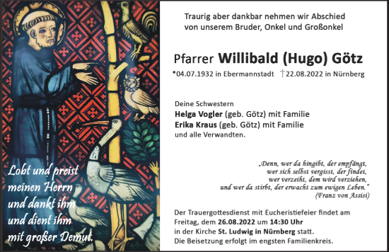 Traueranzeige von Willibald Götz von Nordbayerische Nachrichten Forchheim Lokal