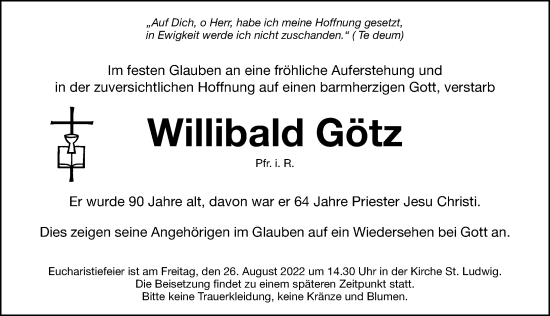 Traueranzeige von Willibald Götz von Gesamtausgabe Nürnberger Nachrichten/ Nürnberger Ztg.