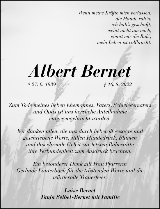 Traueranzeige von Albert Bernet von Nordbayerische Nachrichten Pegnitz Lokal