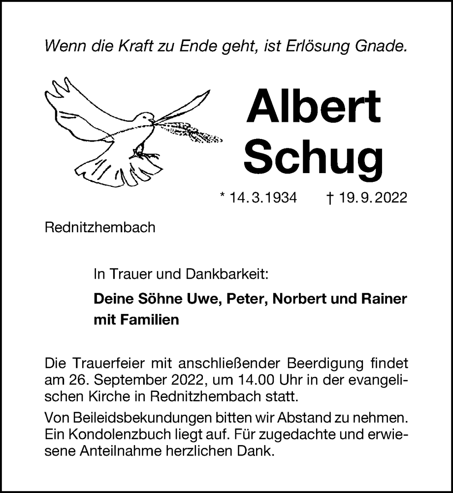  Traueranzeige für Albert Schug vom 24.09.2022 aus Schwabacher Tagblatt Lokal