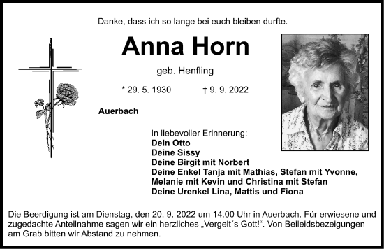 Traueranzeige von Anna Horn von Nordbayerische Nachrichten Pegnitz Lokal