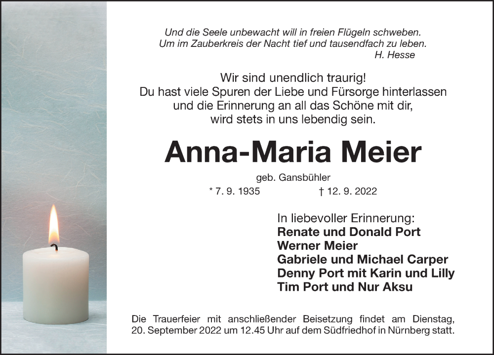  Traueranzeige für Anna-Maria Meier vom 17.09.2022 aus Gesamtausgabe Nürnberger Nachrichten/ Nürnberger Ztg.