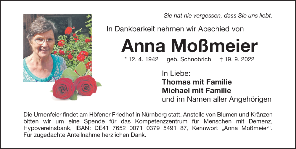  Traueranzeige für Anna Moßmeier vom 24.09.2022 aus Gesamtausgabe Nürnberger Nachrichten/ Nürnberger Ztg.