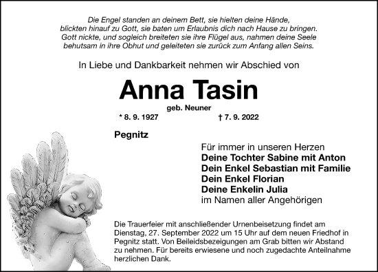 Traueranzeige von Anna Tasin von Nordbayerische Nachrichten Pegnitz Lokal