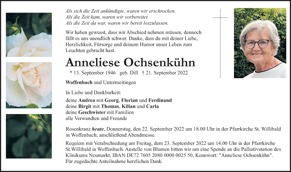  Traueranzeige für Anneliese Ochsenkühn vom 22.09.2022 aus Neumarkter Nachrichten Lokal