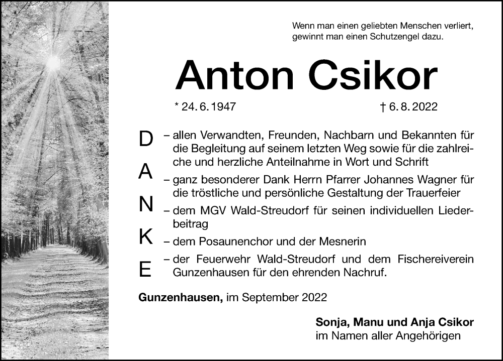  Traueranzeige für Anton Csikor vom 10.09.2022 aus Altmühl-Bote Lokal