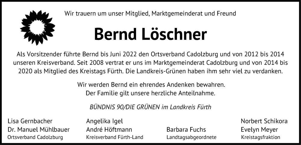  Traueranzeige für Bernd Löschner vom 17.09.2022 aus Fürther Nachrichten Lokal