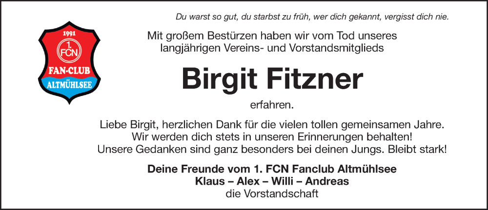  Traueranzeige für Birgit Fitzner vom 16.09.2022 aus Altmühl-Bote Lokal