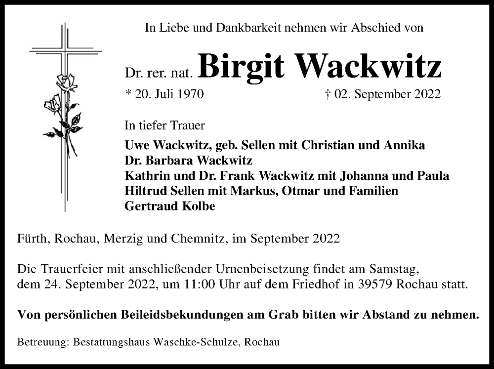  Traueranzeige für Birgit Wackwitz vom 14.09.2022 aus Gesamtausgabe Nürnberger Nachrichten/ Nürnberger Ztg.