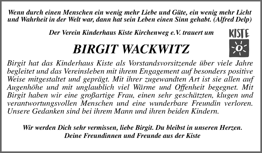  Traueranzeige für Birgit Wackwitz vom 15.09.2022 aus Gesamtausgabe Nürnberger Nachrichten/ Nürnberger Ztg.