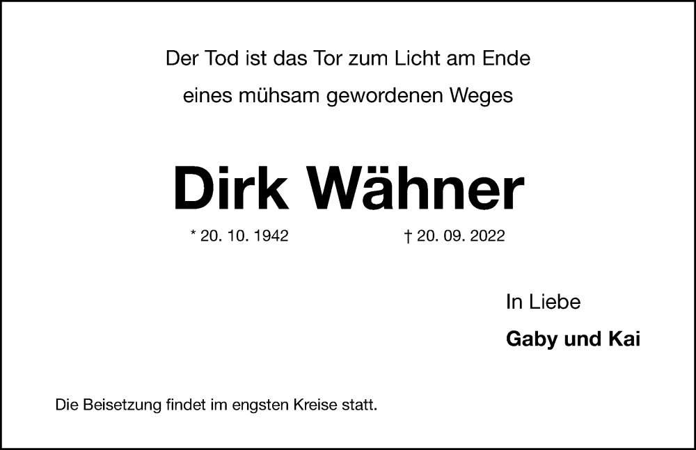  Traueranzeige für Dirk Wähner vom 23.09.2022 aus Nordbayerische Nachrichten Forchheim Lokal