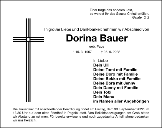 Traueranzeige von Dorina Bauer von Nordbayerische Nachrichten Pegnitz Lokal