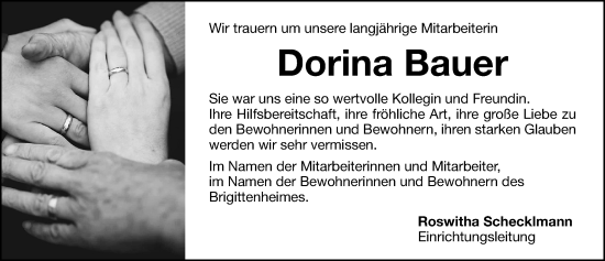 Traueranzeige von Dorina Bauer von Nordbayerische Nachrichten Pegnitz Lokal