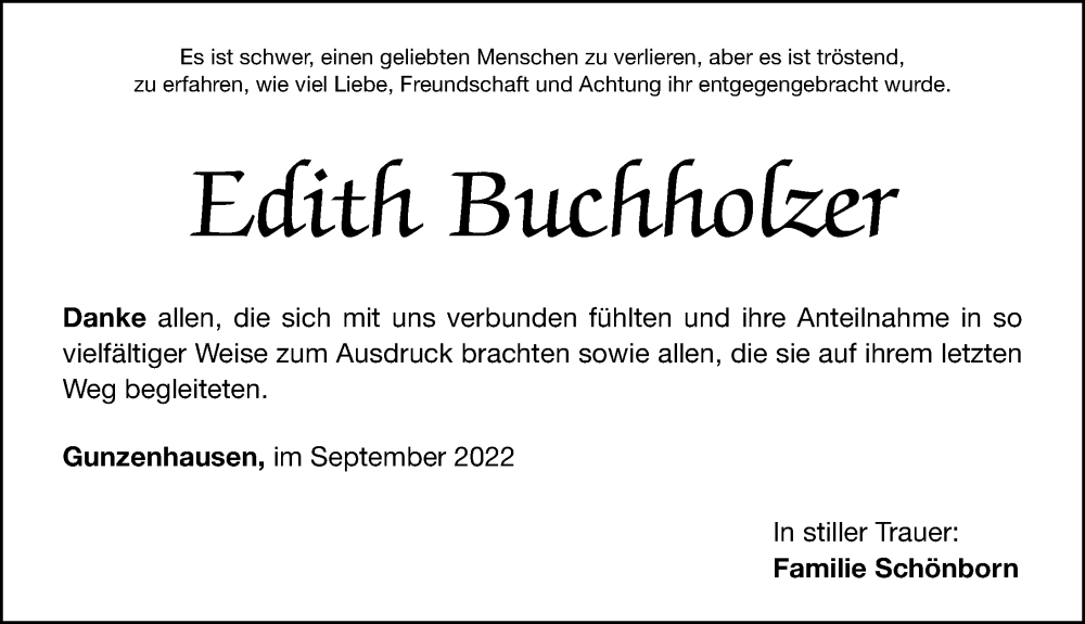  Traueranzeige für Edith Buchholzer vom 03.09.2022 aus Altmühl-Bote Lokal