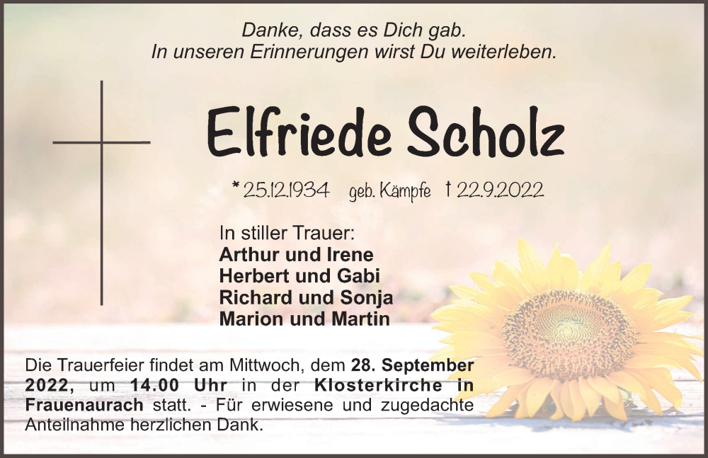 Traueranzeige für Elfriede Scholz vom 24.09.2022 aus Erlanger Nachrichten Lokal