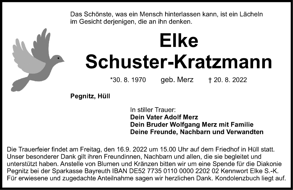  Traueranzeige für Elke Schuster-Kratzmann vom 10.09.2022 aus Nordbayerische Nachrichten Pegnitz Lokal