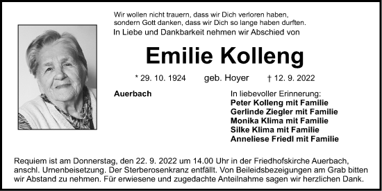 Traueranzeige von Emilie Kolleng von Nordbayerische Nachrichten Pegnitz Lokal