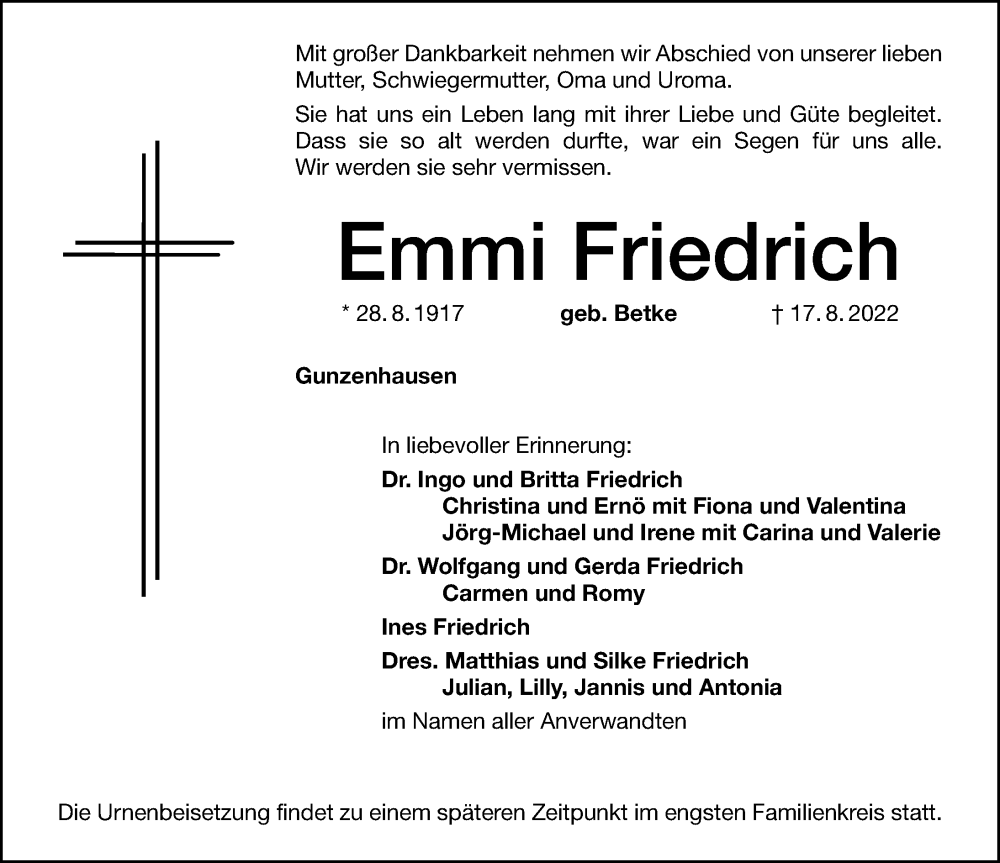  Traueranzeige für Emmi Friedrich vom 13.09.2022 aus Altmühl-Bote Lokal