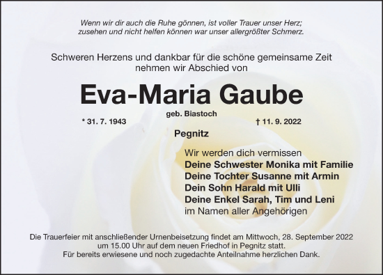 Traueranzeige von Eva-Maria Gaube von Nordbayerische Nachrichten Pegnitz Lokal